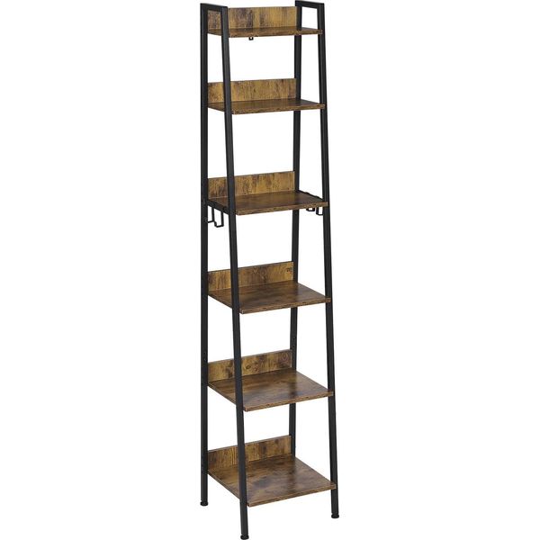 Libreria - 6 Ripiani Con 4 Ganci - 41 X 187 X 36 Cm - Struttura In Metallo E Mdf - Stile Industriale - Portata 15 Kg Per Ripiano - Rovere Scuro E Nero-image