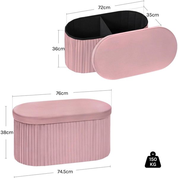 Sgabello Con Contenitore - Pouf/Pouf Rotondo - Velluto - Pieghevole - Cuscino Sfoderabile - Struttura In Mdf - Grande - Rosa-image