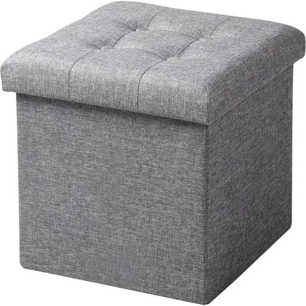 Sgabello Con Vano Portaoggetti - Pouf Pieghevole - Tessuto Di Lino - Rivestimento Sfoderabile - 37,5 X 37,5 X 38 Cm - Grigio Chiaro-image