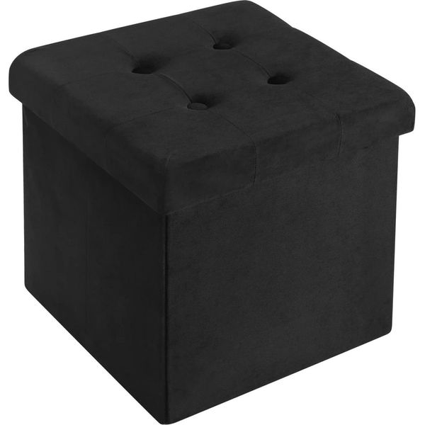 Sgabello Con Contenitore - Pouf Pieghevole - Velluto - 37,5 X 37,5 X 38 Cm - Capacità 40 Litri - Portata 300 Kg - Struttura In Mdf Massiccio - Nero-image