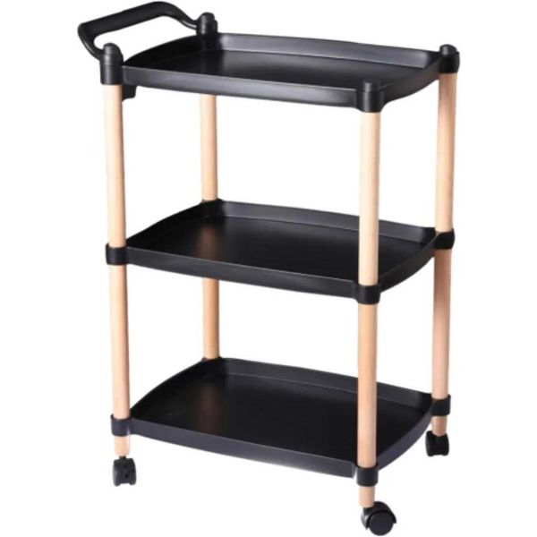 Carrello Di Servizio/Carrello Da Cucina - Carrello - Stretto - 3 Livelli - Legno - Con Maniglia - Ruote Con Freno - Nero-image