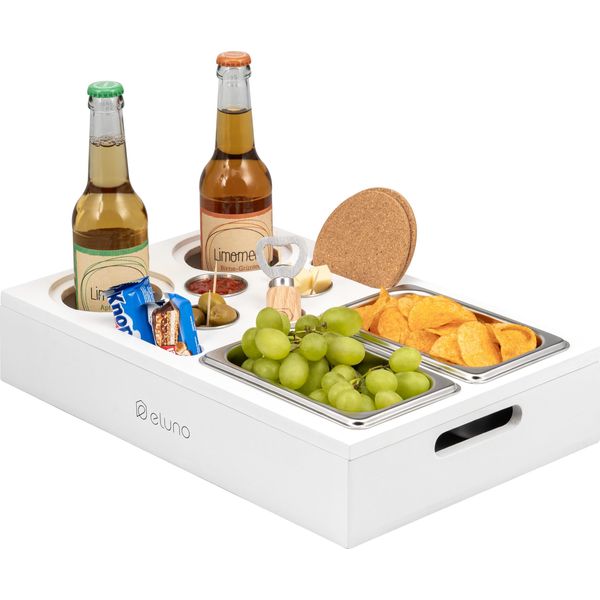 Eluno Couch Bar, Vassoio Di Servizio, Vassoio Da Divano In Bambù Con Vassoi Snack In Acciaio Inox Con Portabevande, Bianco-image