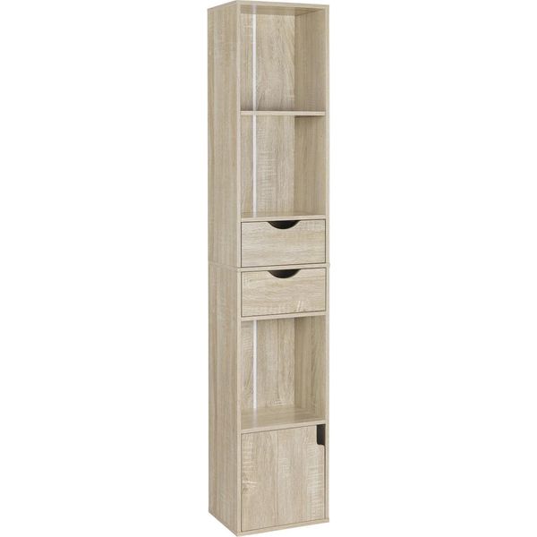 Libreria - Scaffale Verticale - 6 Livelli - Con Cassetti - 30X158X24 Cm - Design Sottile - Melamina E1 - Senza Anta - Rovere Chiaro-image