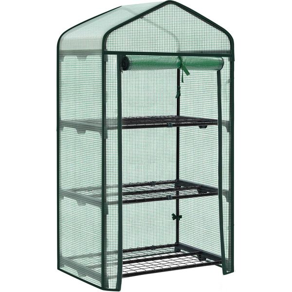 Serra In Foglio - Mini Serra A 3 Ripiani - Porta Avvolgibile - Resistente All'inverno - Pe 140 G/M², Struttura In Metallo - Portata 15 Kg Per Ripiano - Dimensioni 69×49×125/158 Cm - Verde-image