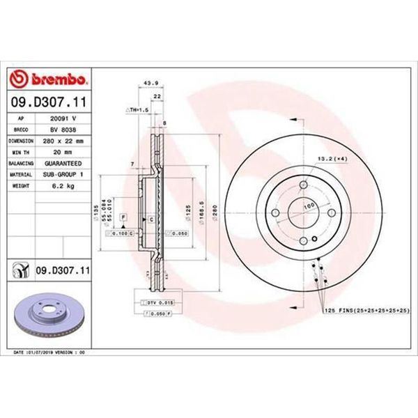 2X Disco Freno Brembo 09.D307.11 Per Fiat 124 Spider (348_) 44Mm 280Mm-image
