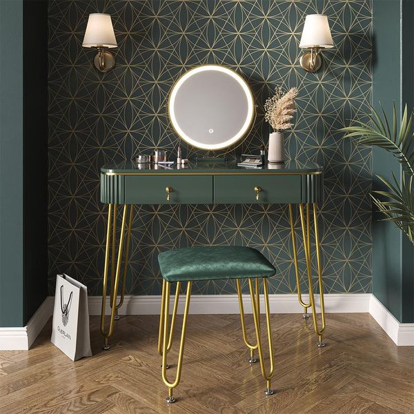 Vicco Tavolo Da Toeletta Grace, 100 Cm Con Illuminazione Led E Sgabello, Verde Scuro Lucido-image