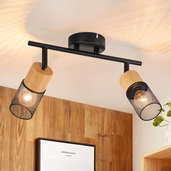 Zmh Led Plafoniera Legno E14 Faretti 2 Fiamme 350° Orientabili Faretti Da Soffitto Faretti Da Parete Vintage Per Soggiorno Camera Da Letto Cucina Senza Lampadine-image