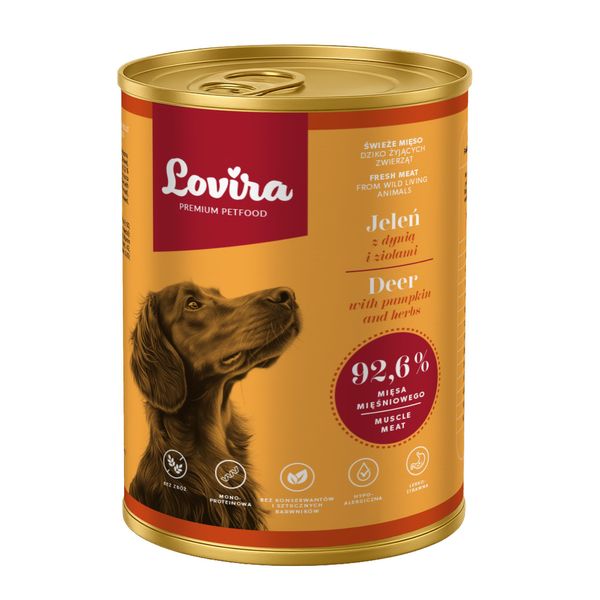Lovira Cibo Umido Per Cani Cervo Con Zucca Ed Erbe 92,6% Carne 400G-image