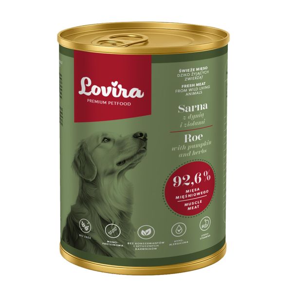 Cibo Umido Per Cani Lovira Cervo Con Zucca Ed Erbe 92,6% Di Carne 400G-image