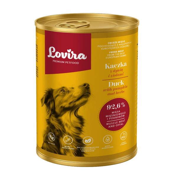 Cibo Umido Per Cani Lovira Anatra Con Zucca Ed Erbe 92,6% Di Carne 400G-image