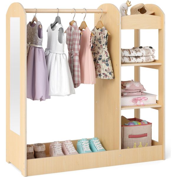 Costway 93,5X38X100 Cm Armadio Per Bambini Con Specchio, Appendiabiti Da Principessa Con Gancio E 4 Ripiani, Armadio Per Bambini In Legno Naturale-image