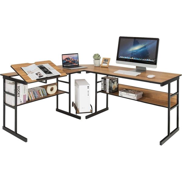 Costway Scrivania A L, Scrivania Angolare In Legno Con Piano Inclinabile, Libreria Inferiore E Supporto Per Cpu, Scrivania Da Disegno Per Ufficio, 170 X 150 X 75 Cm (Noce)-image