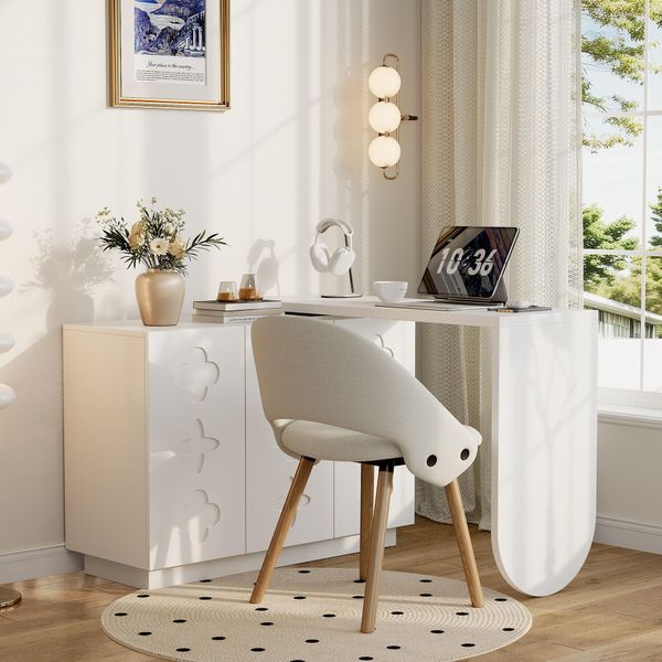 Scrivania Angolare Merax, Scrivania Girevole A L, Scrivania Angolare Per Computer Con 3 Ante Di Stampa, Toletta, Credenza, 110 X 40 X 75 Cm, Bianco-image
