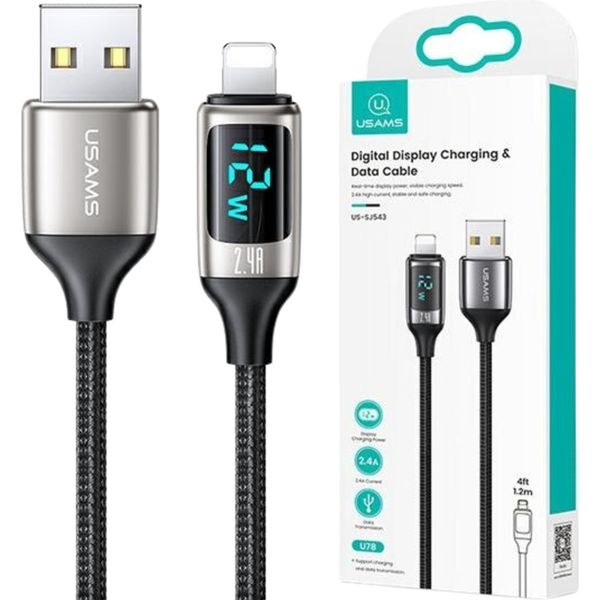 Usams Cavo Intrecciato U78 Lightning 1,2M Led 2,4A Ricarica Rapida Argento Nero Sj543Usb02 (Us-Sj543)-image