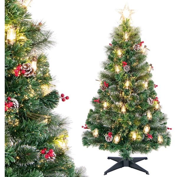 Costway Albero Di Natale Artificiale Da 150 Cm Con Pigne, Lampade A Paraffina E Bacche Rosse, Albero Di Natale Con Led, 8 Modalità, Vetroresina E Cima A Stella, Verde-image