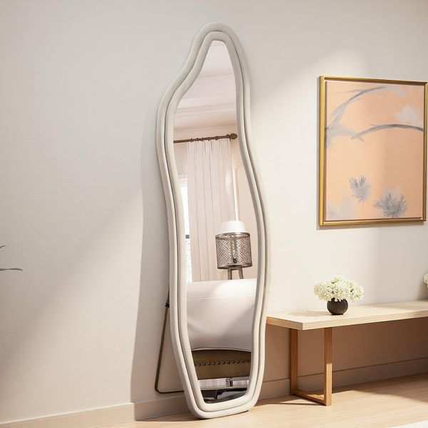 Unboxg Specchio A Figura Intera, 160 X 50 Cm Specchio Irregolare Ondulato Con Cornice In Velluto, Grande Specchio Da Parete, Specchio Da Toilette Per Soggiorno, Camera Da Letto, Guardaroba, Corridoio, Bianco-image
