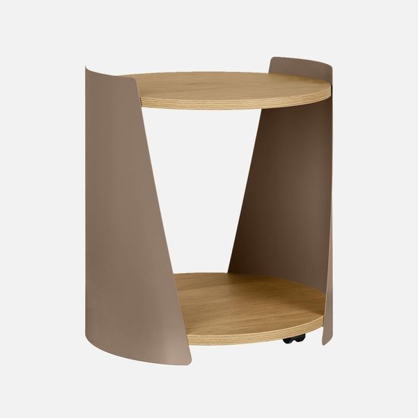 Tavolino In Metallo Curvato E Legno Con Ruote, Marrone-image