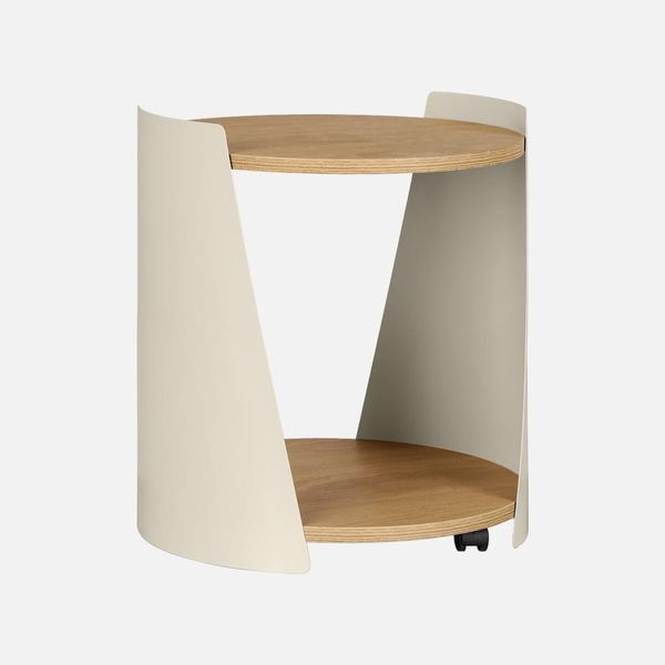 Tavolino In Metallo Curvato E Legno Con Ruote, Beige-image