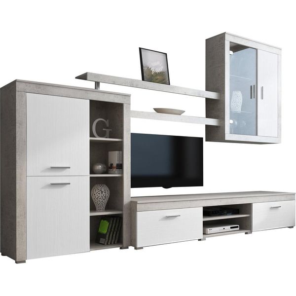 Dmora Parete Attrezzata Casies 293X50X193H Cm Grigio Cemento, 11 Ripiani Modulabile-image