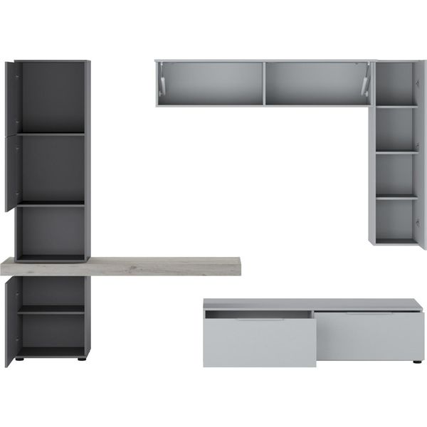 Dmora Parete Attrezzata Riccia 280X50X207H Cm Grigio, 9 Ripiani Modulabile-image