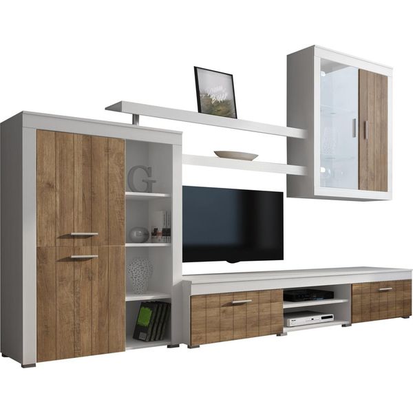 Dmora Parete Attrezzata Casies 293X50X193H Cm Bianco, 11 Ripiani Modulabile-image