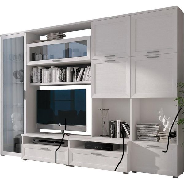 Dmora Parete Attrezzata Cicala 300X50X215H Cm Bianco, 5 Ripiani Modulabile-image