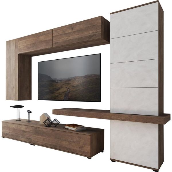 Dmora Parete Attrezzata Portula 240X50X196H Cm Marrone Noce, 5 Ripiani Modulabile-image
