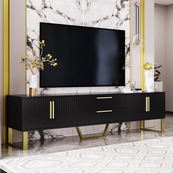 Mobile Tv Merax Con 2 Cassetti E 4 Ante, Tv Lowboard High Gloss Tavolo Tv Con Base Dorata, Tv Board 170X40X53Cm, Nero-image