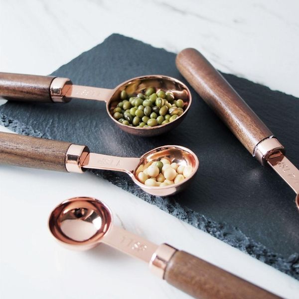4Pz/Set Di Cucchiai Dosatori In Acciaio Inox Oro Rosa Con Manico In Legno-image