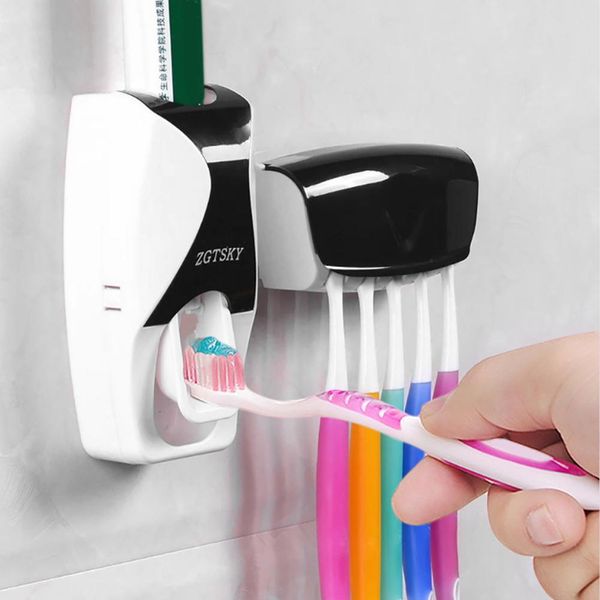Porta Spazzolino Da Denti A Parete Distributore Automatico Di Dentifricio Spremiagrumi Per Il Bagno Della Famiglia Nero-image