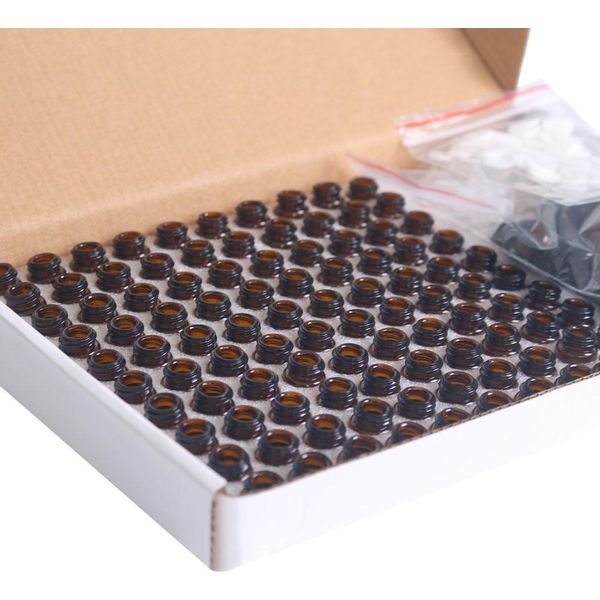 100Pcs 1Ml Bottiglie Di Vetro Ambrato Per Oli Essenziali Bottiglie Campione Ricaricabili Bottiglia Vuota Con Tappi Neri Per Olio Olio Essenziale Profumo-image