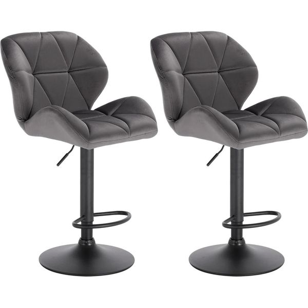 Set Di 2 Sgabelli Da Bar - Regolabile In Altezza (Altezza Seduta 60-82 Cm) - Girevole - Alzata A Gas - Rivestimento In Velluto - Struttura In Acciaio Cromato Con Poggiapiedi - Grigio Scuro-image