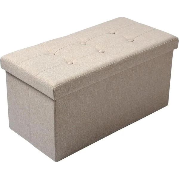 Cassapanca - Sgabello/Panchina Pieghevole - 76X38X38 Cm - Rivestimento In Lino - Coperchio Rimovibile - Panca Da Letto/Pedana - Beige-image