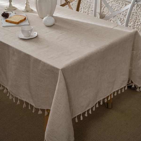 Tovaglia Di Lino Di Cotone Lavabile, Tovaglie D'epoca Per Tavoli Rettangolari, Cucina, Sala Da Pranzo, Decorazione Di Mobili (Beige, 140X300Cm)-image