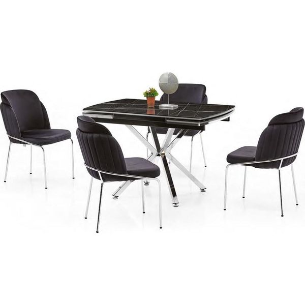 Tavolo Da Pranzo Allungabile Effetto Marmo Sedie Lucide Sala Da Pranzo In Metallo Nero-image