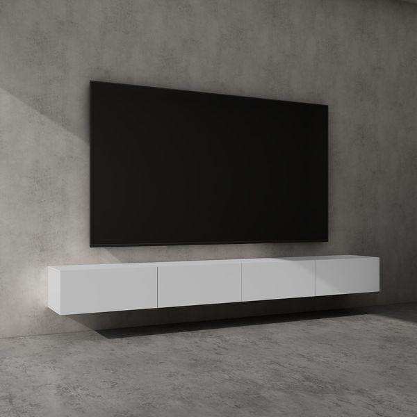Doporro Mobile Porta Tv Sospeso 280 Cm Con 4 Ante Bianco Opaco, Credenza Bassa Da Soggiorno Salotto, Madia Consolle Per Tv Fernsehschrank02-image