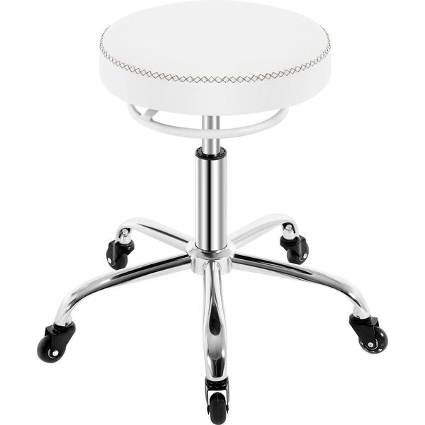 Sgabello Da Ufficio - Sgabello Girevole - Altezza Regolabile Da 46 A 58 Cm - Girevole A 360° - Seduta Rotonda Inpoliuretanoda 34 Cm - Ruote Di Gomma, Base In Metallo - Bianco-image