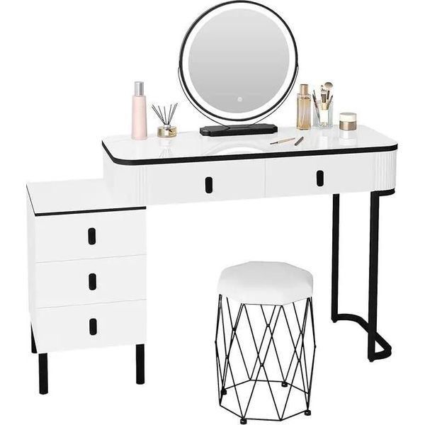 Tavolino Da Toilette - Tavolino Da Toilette - Led Con 3 Modalità Di Illuminazione - Specchio Girevole A 360° - Armadietto Laterale Flessibile - 5 Cassetti - Con Sgabello - 100 X 125 X 40 Cm - Bianco-image