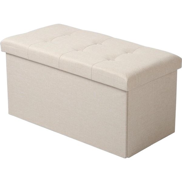 Sgabello Con Vano Portaoggetti - Contenitore/Panca Pieghevole - Coperchio Rimovibile - Seduta Imbottita - Lino - 76X38X38 Cm - Color Crema-image