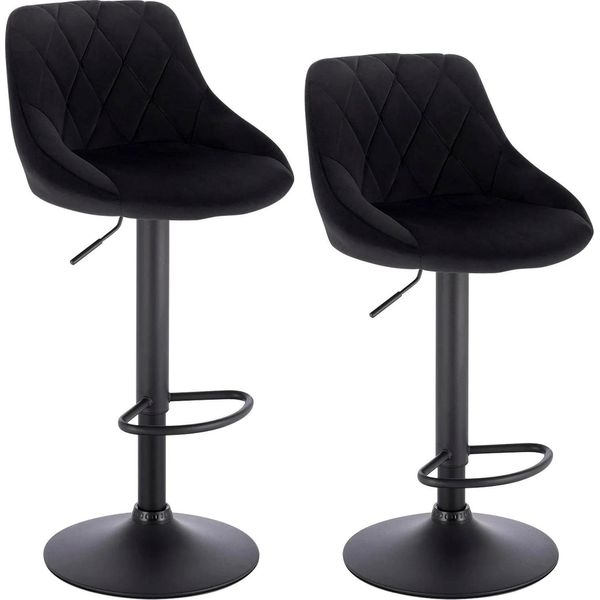 Set Di 2 Sgabelli Da Bar - Sgabello Girevole - Regolabile In Altezza - Con Poggiapiedi - Altezza 84-106 Cm - Portata Fino A 100 Kg - Acciaio Cromato - Velluto Nero-image