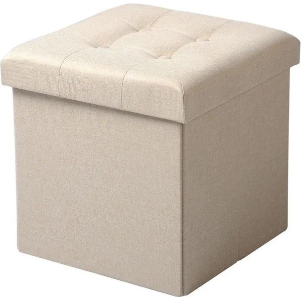 Sgabello - Ottomana - Pieghevole - Con Vano Portaoggetti - Sfoderabile - Lino - 37,5×37,5×38 Cm - Bianco Crema-image