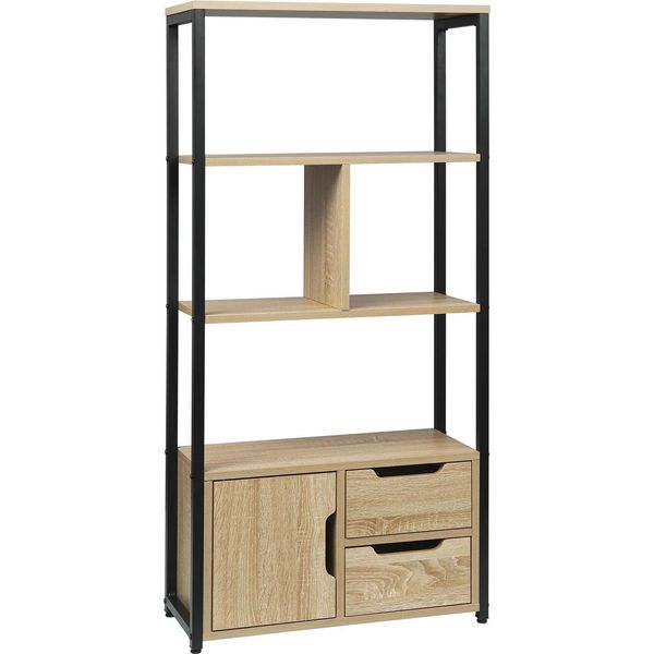 Libreria - Piano D'appoggio - 4 Scomparti - 3 Cassetti - Mdf - Dimensioni 58 X 24 X 120 Cm - Altezza Ripiani 27,5 Cm - Rovere Chiaro-image
