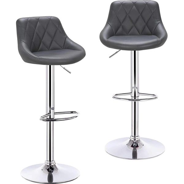 Set Di 2 Sgabelli Da Bar - Girevole - Altezza Regolabile 84-106 Cm - Poggiapiedi - Similcuoio - Struttura Cromata - 100 Kg - Grigio-image
