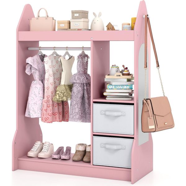 Costway Armadio Per Bambini 81X38X107 Cm Con Specchio, Armadio Per Bambini Con Appendiabiti, 2 Cassetti In Tessuto E Ganci, Armadio Per Bambini In Legno, Rosa-image