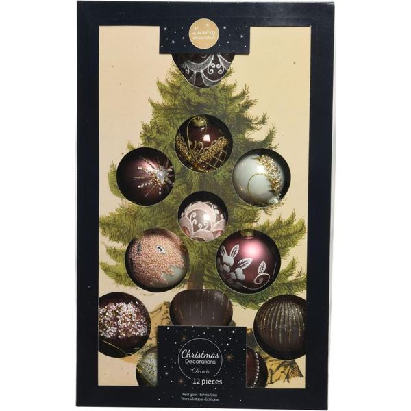 Set Di Decorazioni Natalizie In Vetro 12 Pezzi Rosa Marrone Oro Ornamenti Fini Con Perle Punti Glitter E Motivi Decorativi Decorazioni Per Alberi In Vetro Di Alta Qualità-image