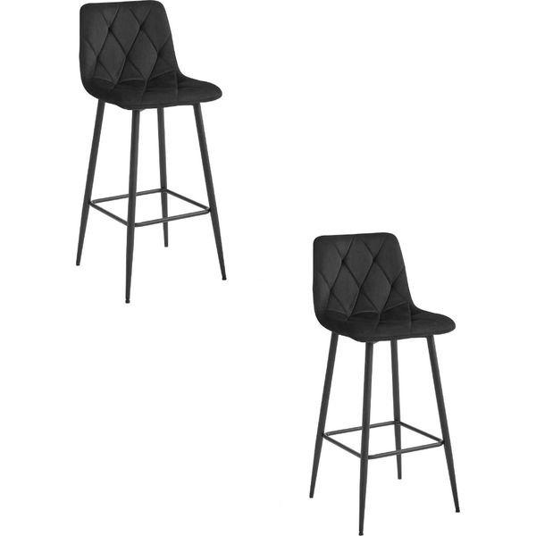 Sgabello Valora Nado, Velluto Nero, Gambe Nere X2 | Coppia Di Eleganti Sgabelli Da Bar In Velluto Nero-image
