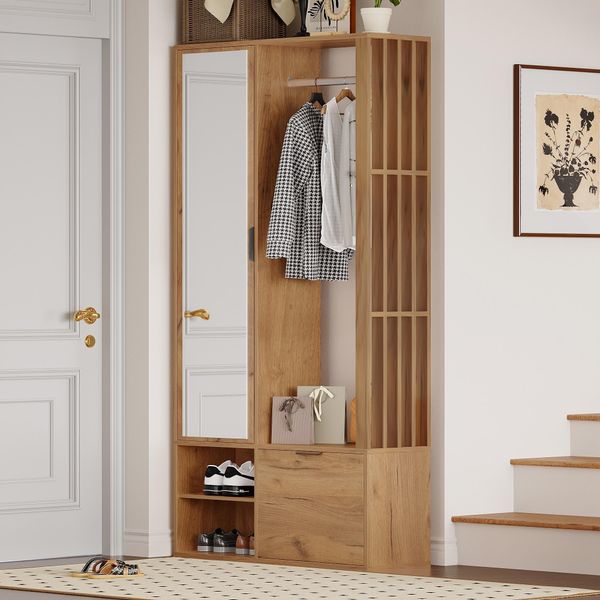 Set Di Armadi Merax 6 In 1, Armadio Da Corridoio Con Specchio, Scarpiera Con Asta Appendiabiti E 9 Vani Portaoggetti, Armadio Da Ingresso (100X33X190 Cm)-image