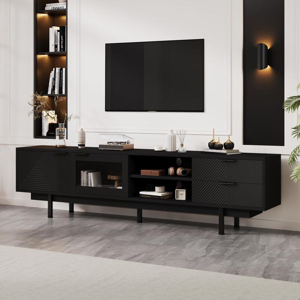 Merax Tv Lowboard 200Cm Con 2 Ante E 2 Cassetti, Mobile Tv Fino A 80 Pollici, Mobile Tv Con Ripiani Aperti, Design Moderno, Nero-image