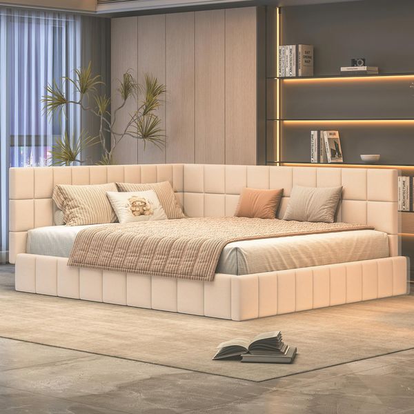 Flieks Divano Letto Divano Letto 160X200Cm, Letto Imbottito Con Rete A Doghe, Letto Per Ragazzi Letto Per Bambini Con Braccioli E Schienale, Letto Matrimoniale Letto Da Giorno, Velluto, Beige-image
