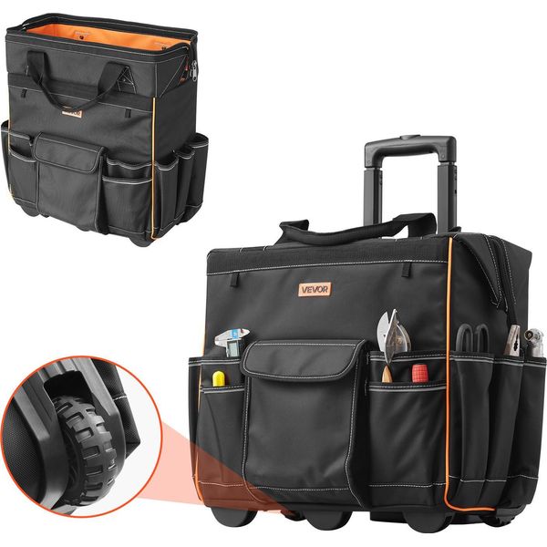 Borsa Porta Attrezzi Vevor Con Ruote, Portata 50 Kg, 25 Tasche, Zaino Da Lavoro Con Manico Telescopico Regolabile E Base Robusta, Borsa Porta Attrezzi Per Elettricisti, Settore Edile, 460X270X430 Mm-image